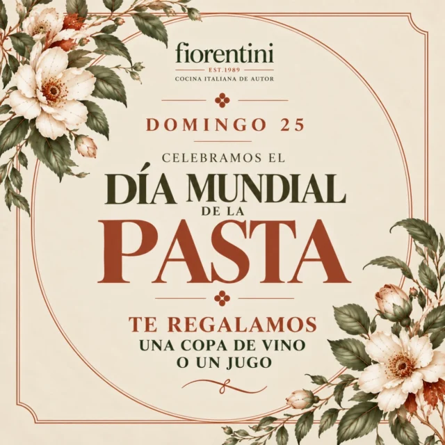 🍝 ¡Celebramos el Día Mundial de la Pasta! 🇮🇹

Hay tradiciones que se disfrutan, se comparten y se celebran alrededor de una buena mesa.

En Fiorentini, la pasta es parte de nuestra esencia, de nuestra pasión por la cocina italiana y de esos pequeños placeres que hacen especial cada encuentro.

✨ Este domingo 25 queremos celebrarlo contigo.

Disfruta de nuestras pastas y te regalamos una copa de vino , champagne o un jugo para acompañar tu experiencia.✨

Porque la buena pasta siempre merece un brindis.

Ti aspettiamo! 🇮🇹

📍 Fiorentini · Pucón

#fiorentini #cocinaitaliana #pucon